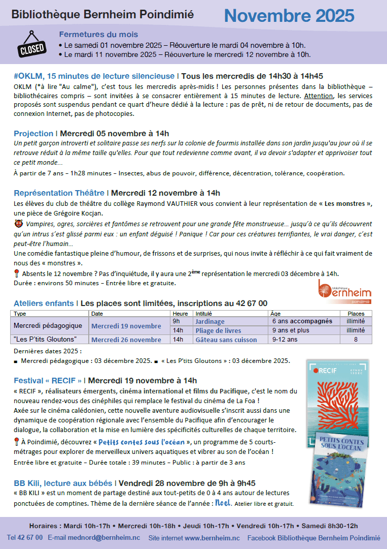 Programme du mois de NOVEMBRE - à Poindimié