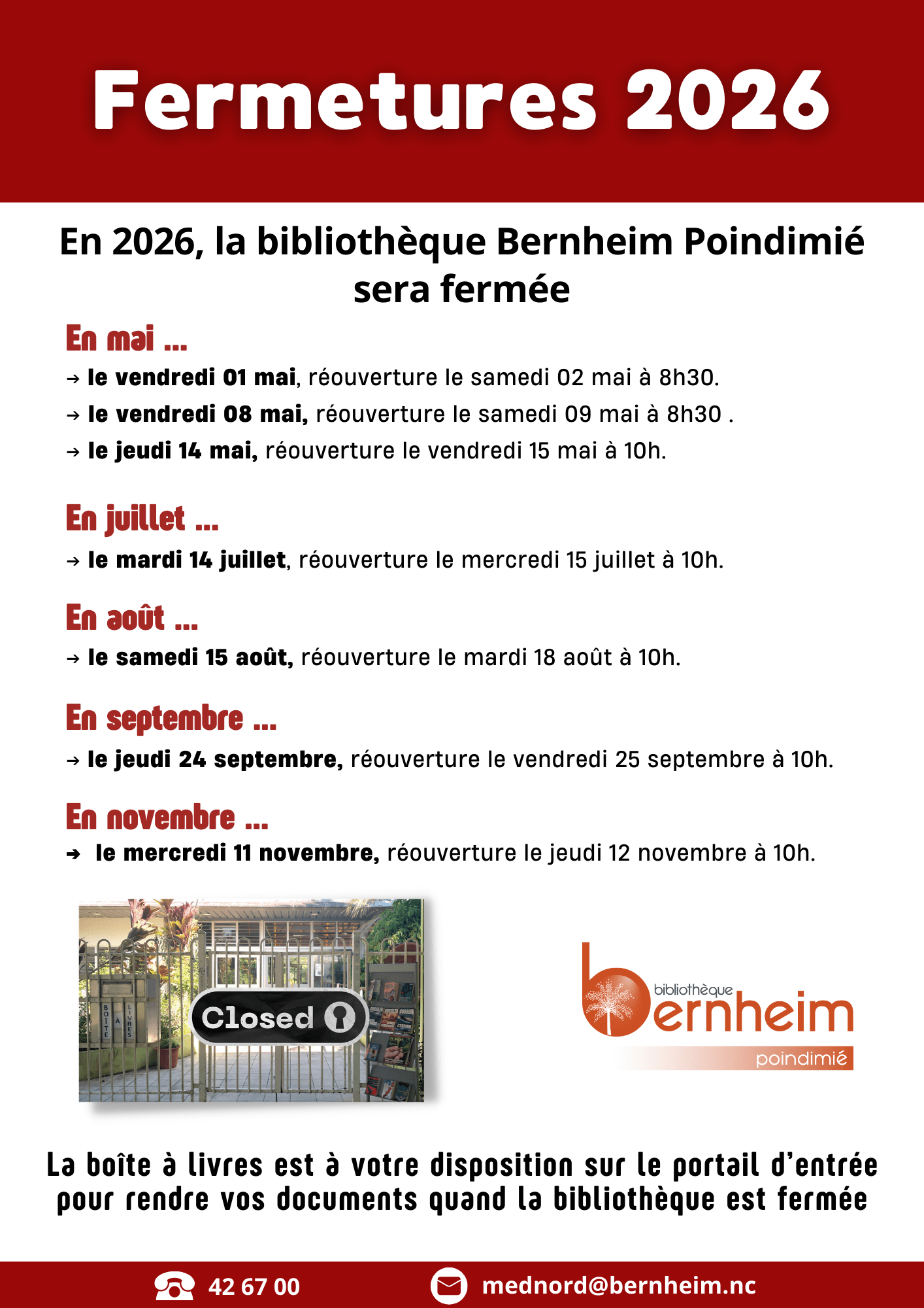 Fermetures 2026 — à Poindimié