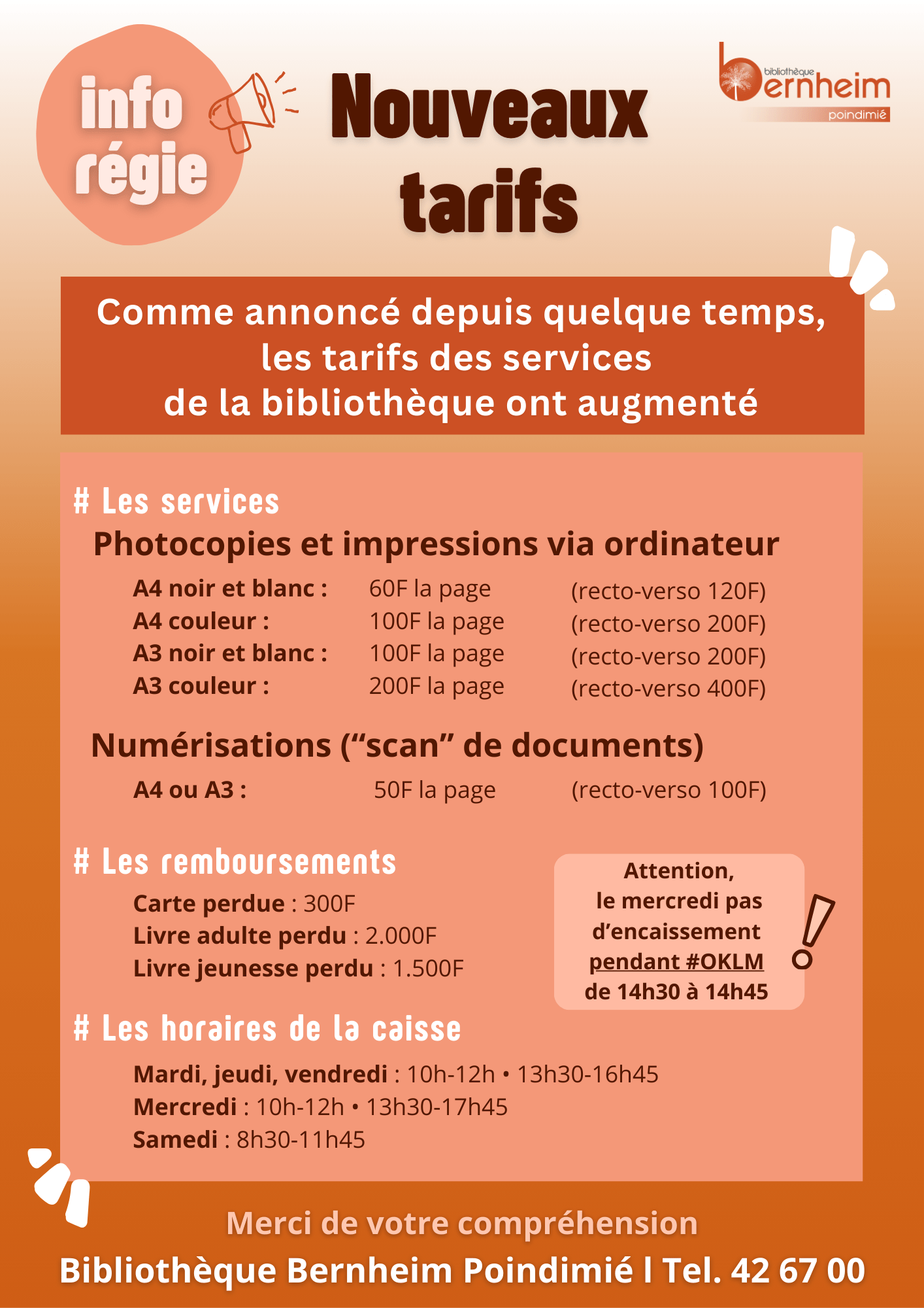 INFO RÉGIE DE CAISSE : nouveaux tarifs des prestations — à Poindimié